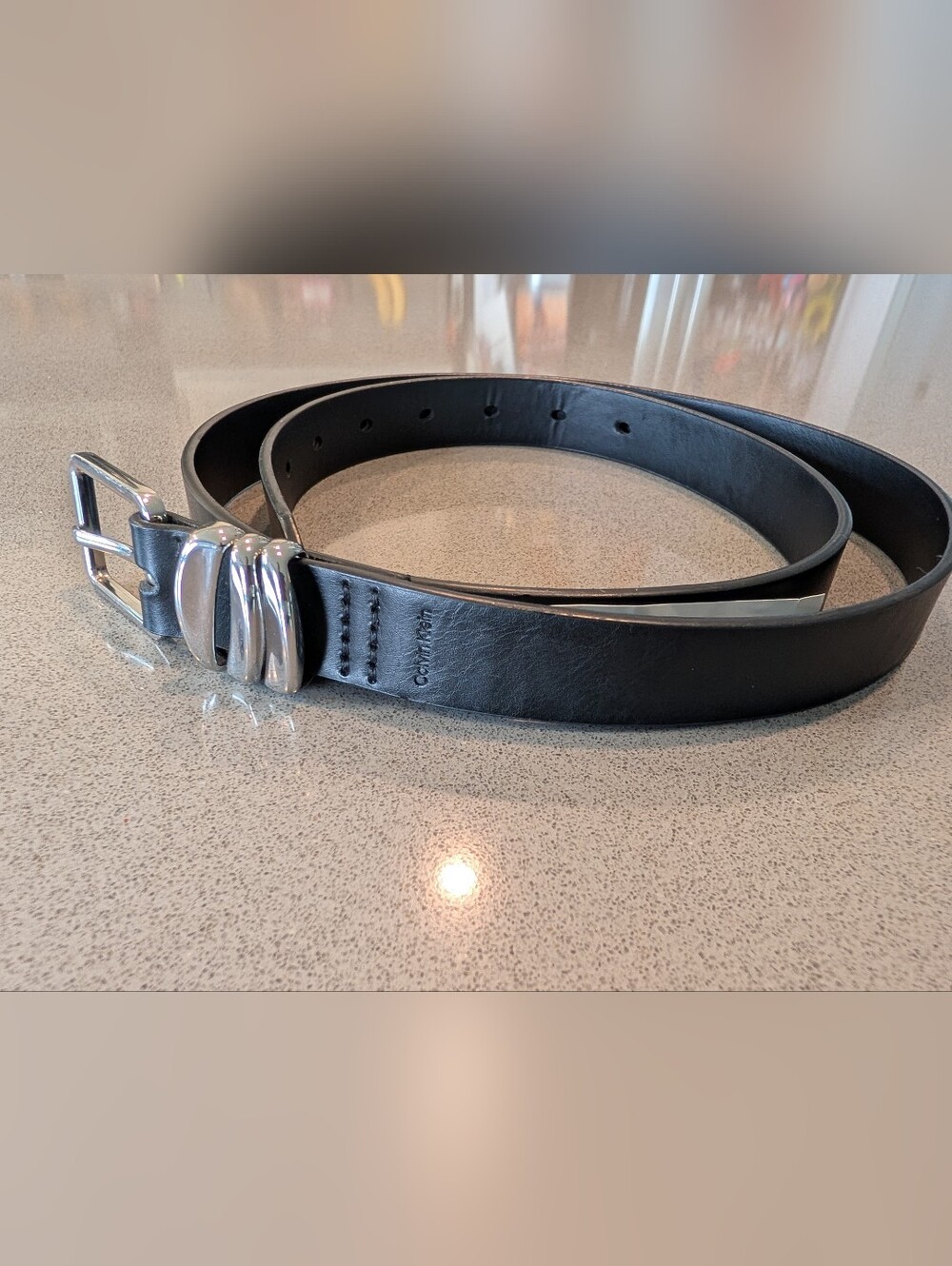 Calvin Klein Black Leather Men’s Belt with Shiny Silver Buckle